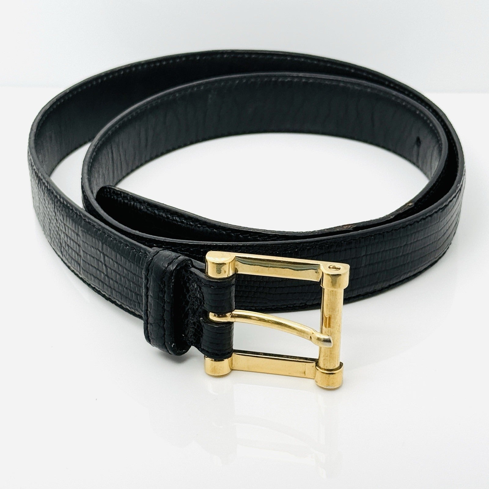 Italian Leather Black Lizard Embossed Belt Gold Buckle XL Vintage Black Lizard Embossed Leather Belt With Polished  main image 2