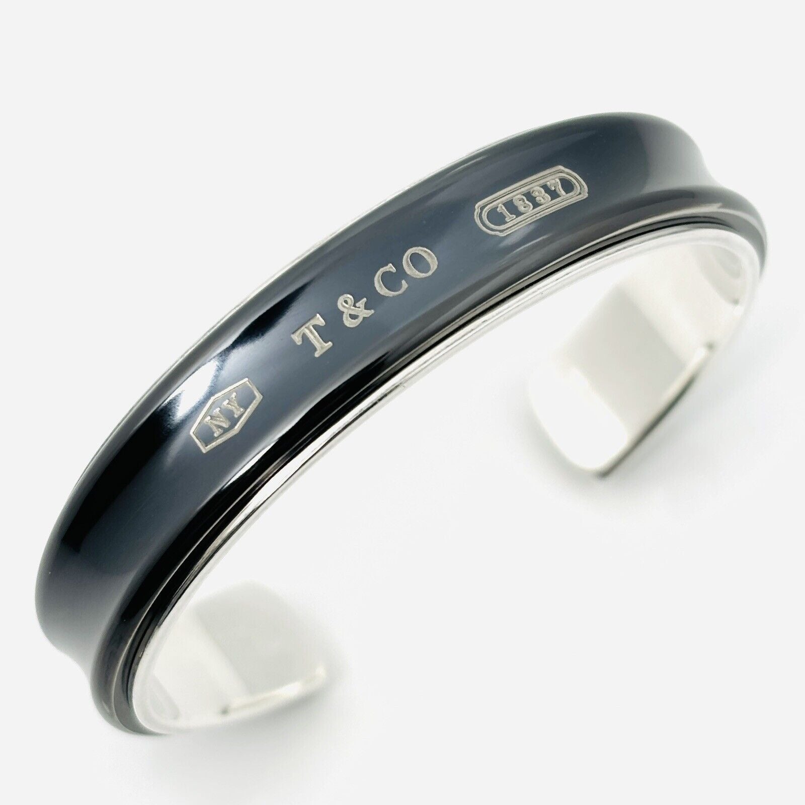 6.5 Tiffany Co 1837 Wide Cuff Bracelet in Silver Black Titanium Enamel