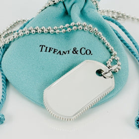 24" Tiffany & Co Mens Coin Edge ID Dog Tag Bead Chain Necklace