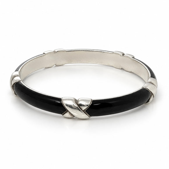 Tiffany & Co Signature X Black Enamel Bangle Bracelet 7.5" in 925 Silver