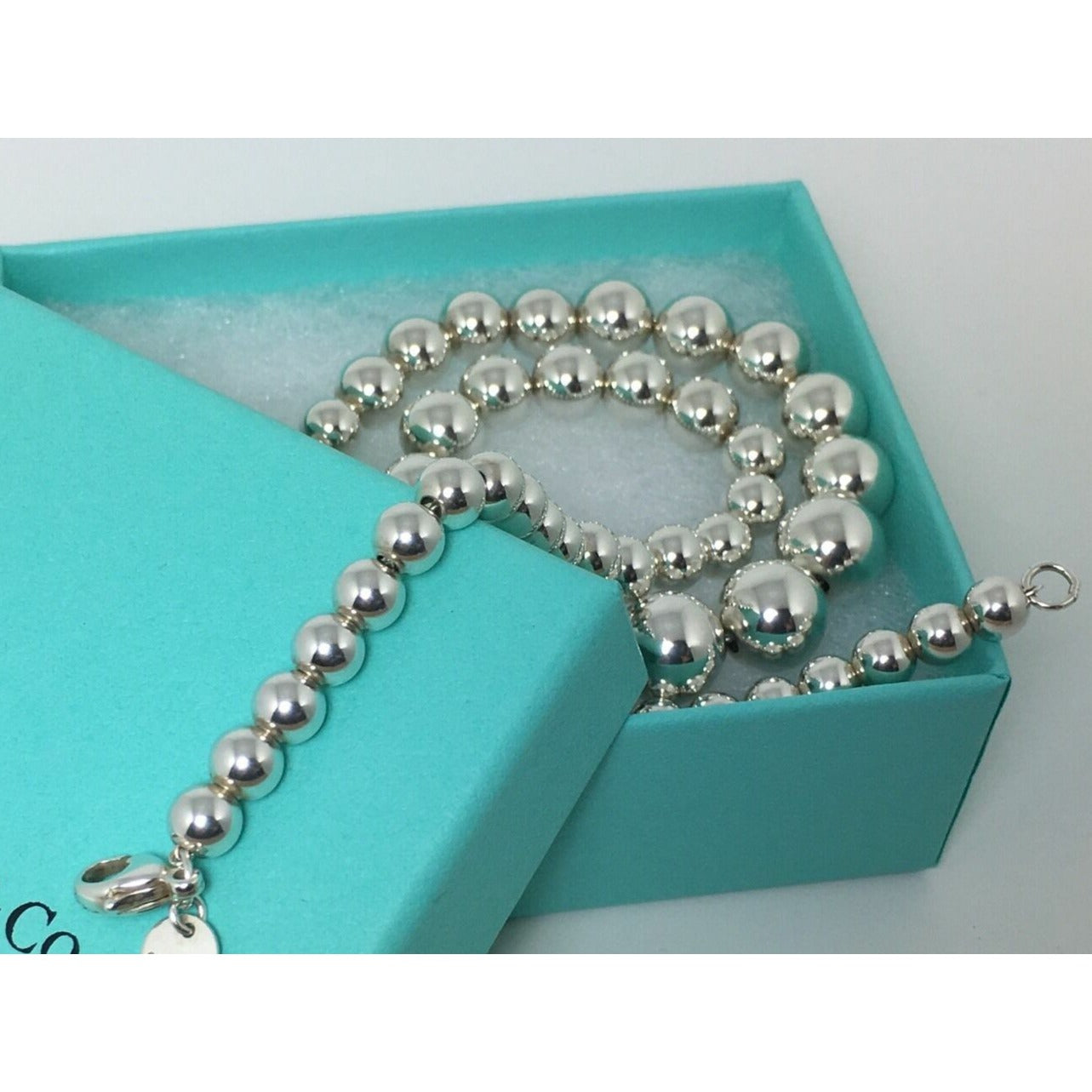 18" Tiffany & Co HardWear Graduated Bead Ball Necklace with Blue Box in Silver