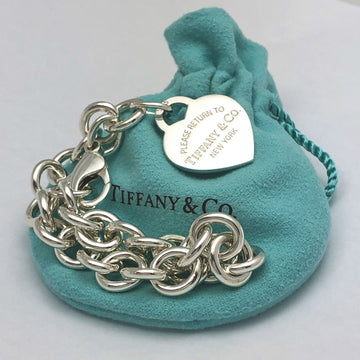 LARGE 8.25" Tiffany & Co Return Heart Tag Charm Bracelet and Blue Pouch