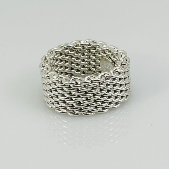 Size 4 Tiffany & Co Somerset Mesh Weave Flexible Ring in 925 Silver AUTHENTIC