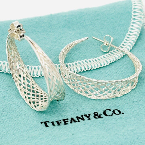 Tiffany & Co Large Mesh Hoop Earrings Basket Weave in Sterling Silver