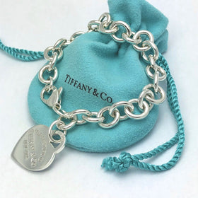LARGE 8.25" Tiffany & Co Return Heart Tag Charm Bracelet and Blue Pouch - 0