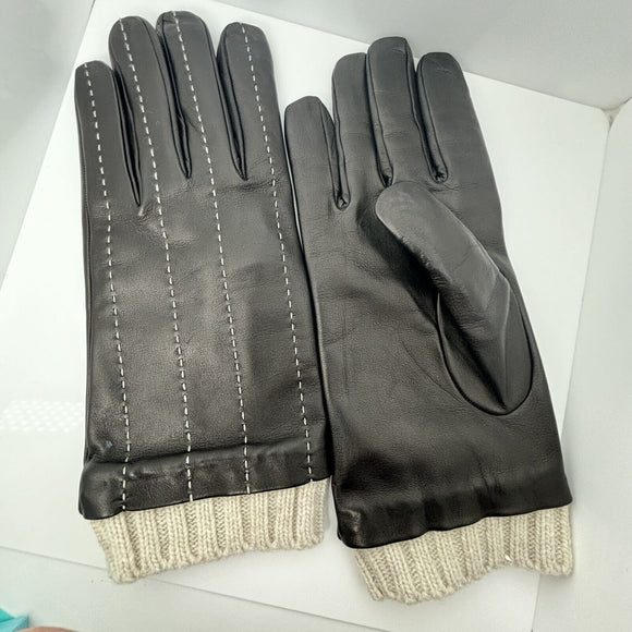 Tiffany & Co Black and Blue Leather and Cashmere Women's Winter Gloves