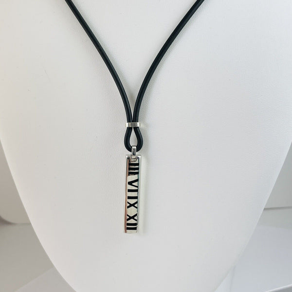 Tiffany 20” Atlas Necklace Bar Pendant in Black Enamel, Silver, Rubber Cord - 2