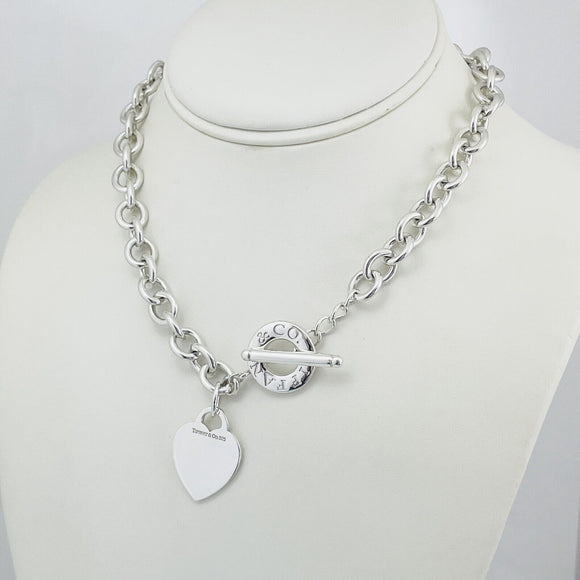 18" Tiffany & Co Silver Blank Heart Tag Toggle Necklace with Blue Pouch