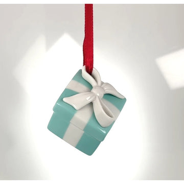 Tiffany Blue Gift Box and Bow Christmas Holiday Ornament Bone China Porcelain - 0