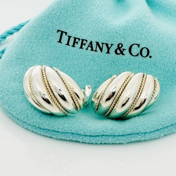 Tiffany Shell Dome Earrings in Sterling Silver and Yellow Gold Twist Omega Back