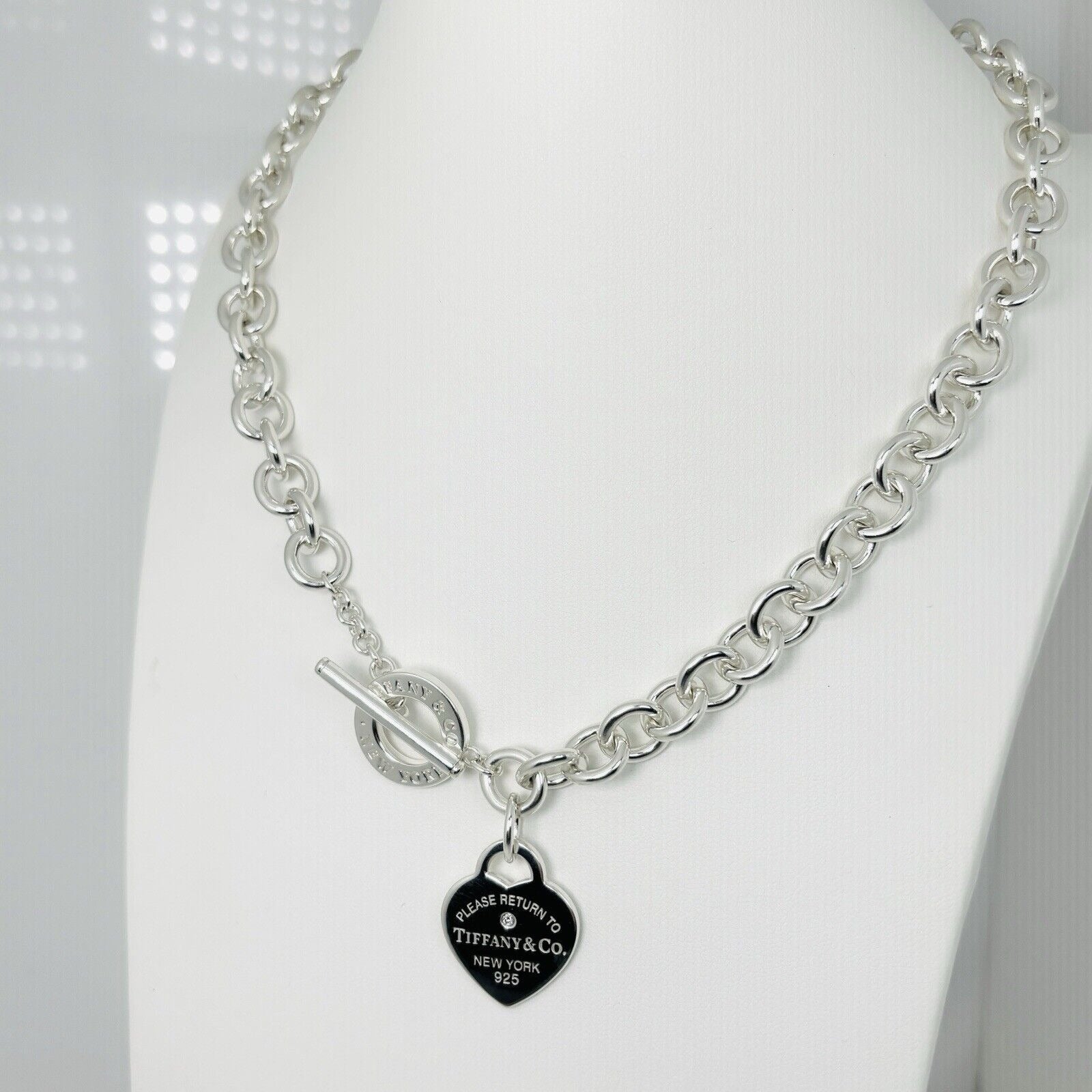 18" Return Tiffany & Co Diamond Heart Tag Toggle Necklace in Sterling Silver