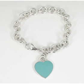 Large 8.5" Return to Tiffany Blue Enamel Heart Tag Charm Bracelet in Silver
