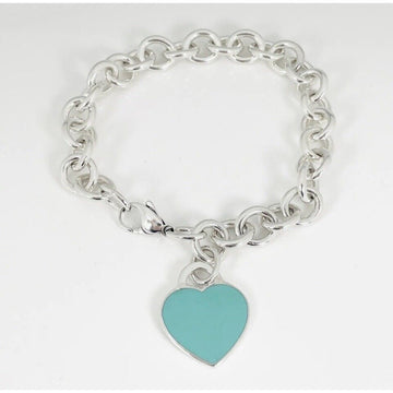 Large 8.5" Return to Tiffany Blue Enamel Heart Tag Charm Bracelet in Silver