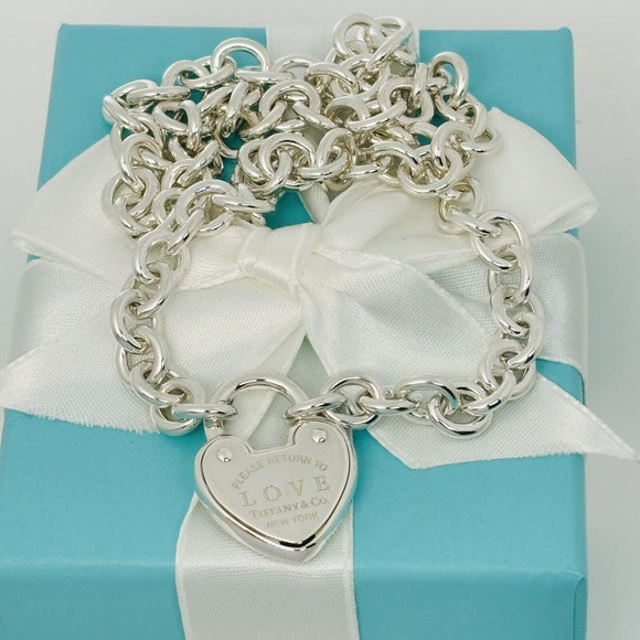 18" Please Return to Tiffany Love Heart Charm Pendant Padlock Lock Rolo Necklace