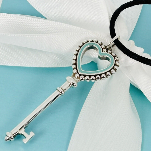 20" Tiffany & Co Large Blue Enamel Heart Tag Key Pendant Beaded on Silk Cord - 1