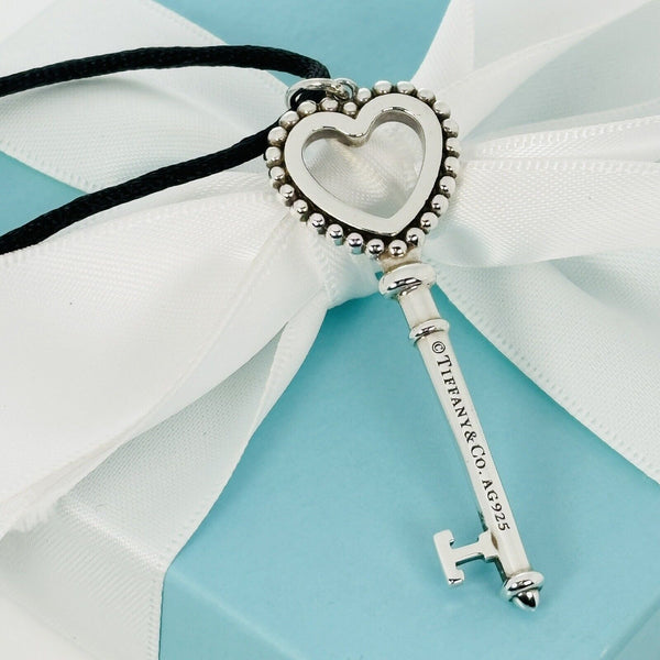 20" Tiffany & Co Large Blue Enamel Heart Tag Key Pendant Beaded on Silk Cord - 4
