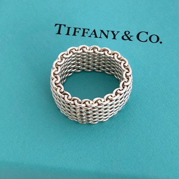 Size 7.5  Tiffany Somerset Mesh Weave Mens Unisex Ring in Sterling Silver