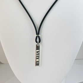 Tiffany 16” Atlas Necklace Bar Pendant in Black Enamel, Silver, Rubber Cord - 0