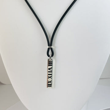 Tiffany 16” Atlas Necklace Bar Pendant in Black Enamel, Silver, Rubber Cord - 0