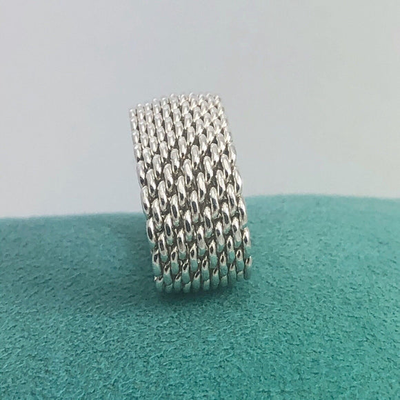 Size 8 Tiffany & Co Somerset Mesh Weave Mens Unisex Ring in Sterling Silver