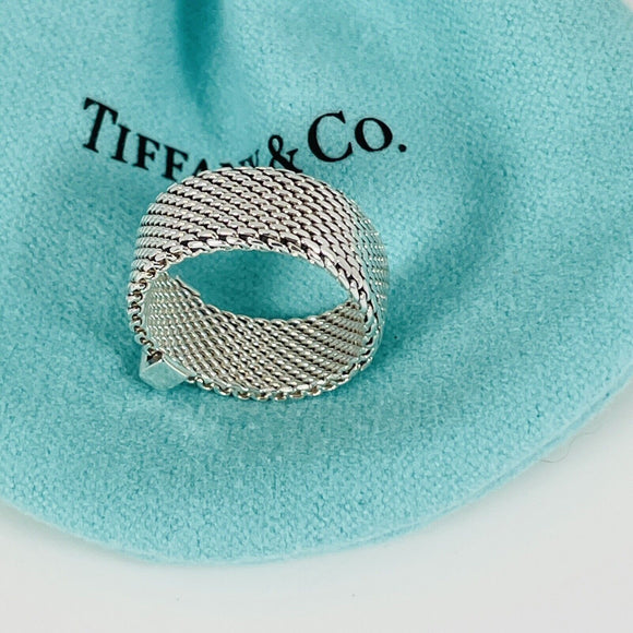 Size 3.5 Tiffany & Co Somerset 4 Diamond Ring Mesh Weave in Sterling Silver