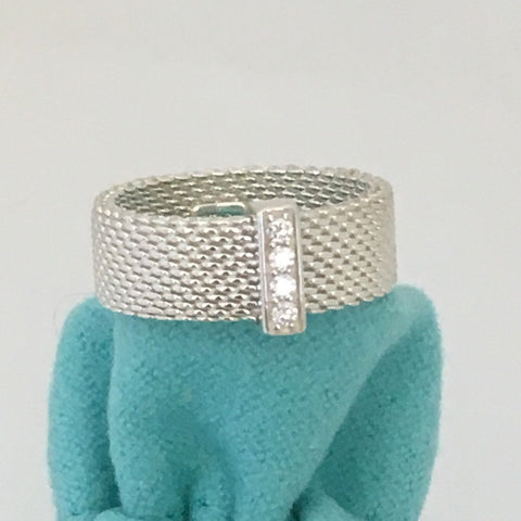 Size 7.5 Tiffany Somerset 4 Diamond Mesh Weave Band Ring in Sterling Silver