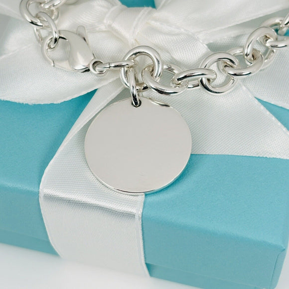 Large 8.5” Tiffany Round Circle Tag Charm Bracelet Engravable Blank