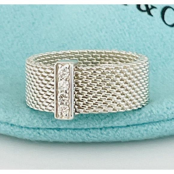 Size 4.5 Tiffany & Co Somerset 4 Diamond Ring Mesh Weave in Sterling Silver