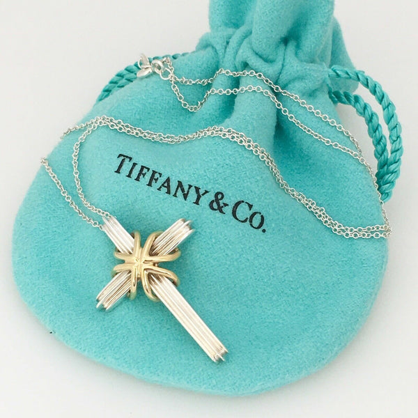 20" Tiffany & Co Mens Unisex Silver 18K Gold Cross Crucifix Pendant Necklace - 1