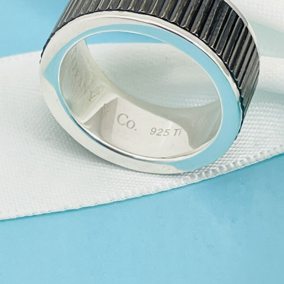 Size 6 Tiffany & Co Midnight Black Coin Edge Titanium and Silver Ring