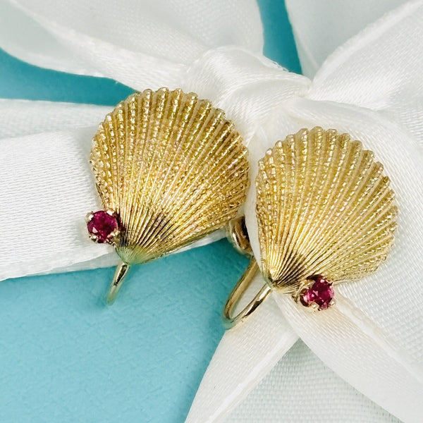 Tiffany Gold Shell Earrings with Red Ruby - 2