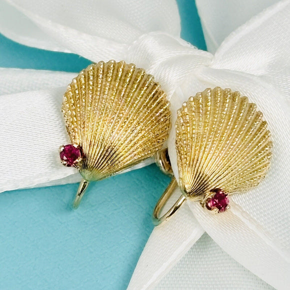 Tiffany Gold Shell Earrings with Red Ruby