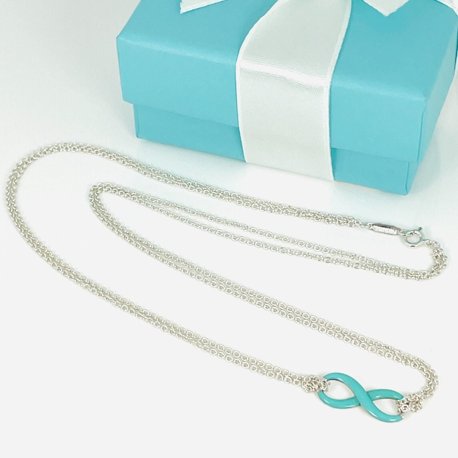 Tiffany & Co Blue Enamel Infinity Pendant Double Chain Necklace