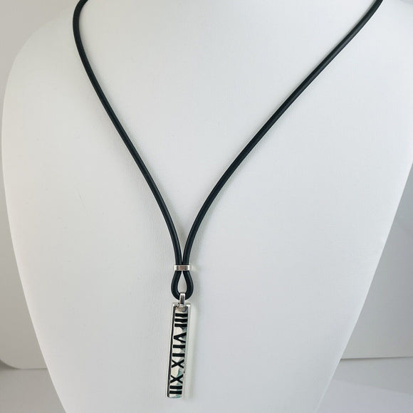 Tiffany 16” Atlas Necklace Bar Pendant in Black Enamel, Silver, Rubber Cord