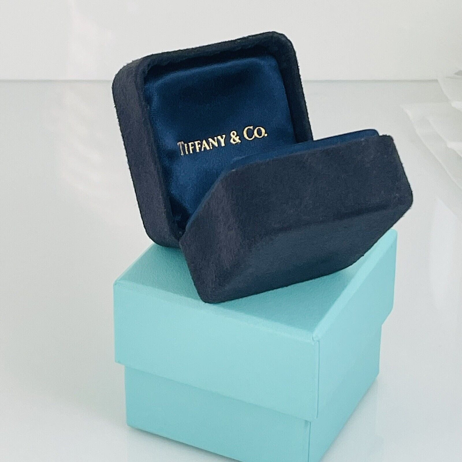 Vintage Tiffany Small Black and Royal Blue Suede Empty Ring Box With Blue Box