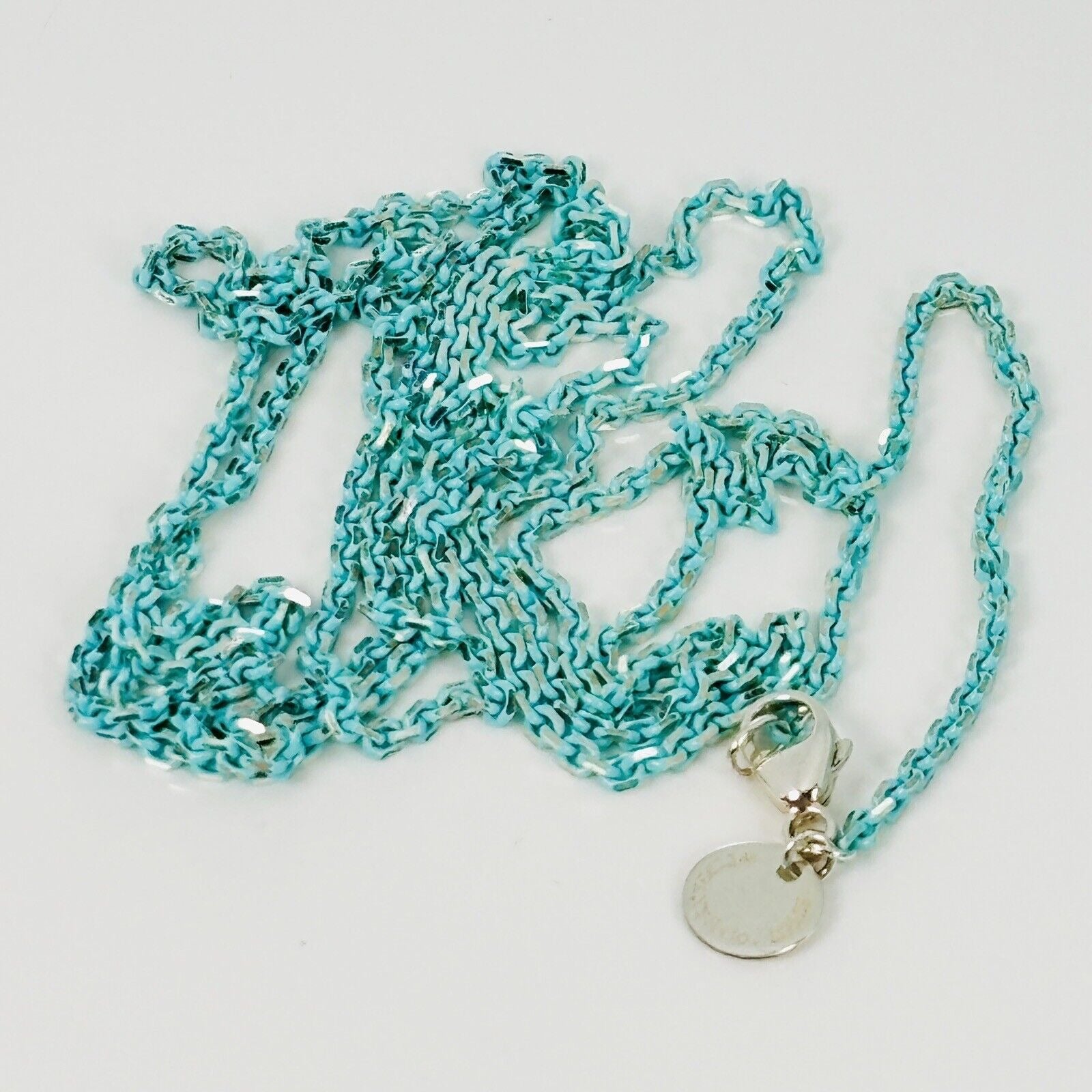 Tiffany & Co Sparkler Blue Coated Silver Enamel Chain Necklace 30" 1.7mm Links