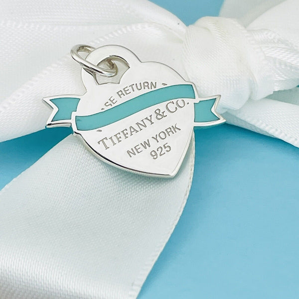 NEW Return to Tiffany Blue Enamel Ribbon Bow Banner Heart Tag Pendant Charm - 1