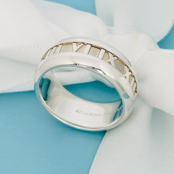 Size 7.5 Tiffany Wide Atlas Roman Numerals Mens Unisex Ring in Sterling Silver