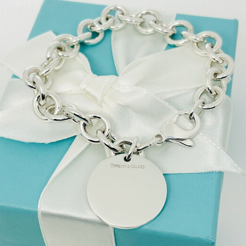 Tiffany Round Circle Tag Charm Bracelet with Engravable Blank Disc Engraving