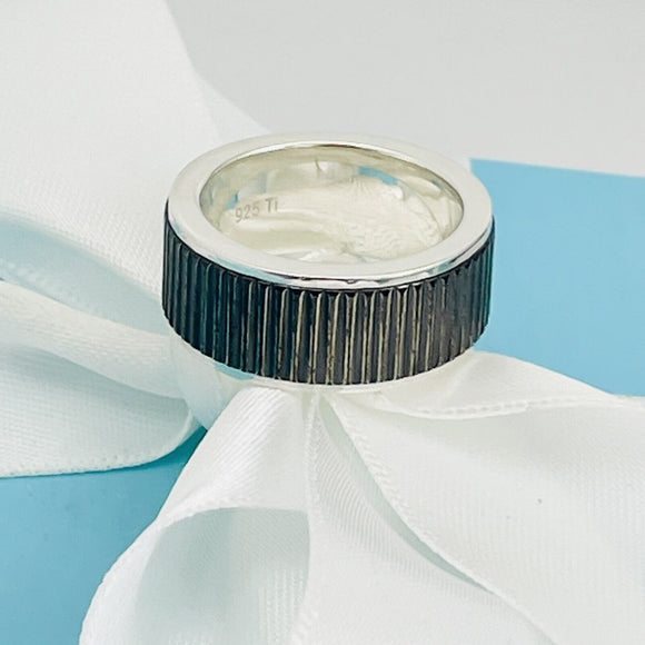 Size 6 Tiffany & Co Midnight Black Coin Edge Titanium and Silver Ring