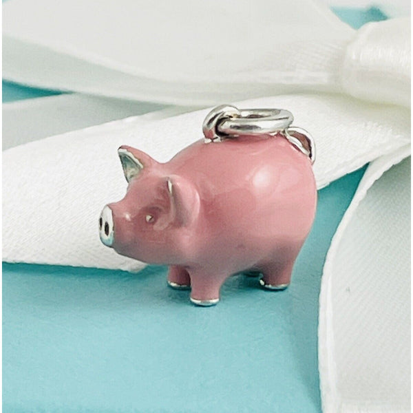 RARE Tiffany & Co Pink Enamel Pig Charm Pendant in Sterling Silver - 1