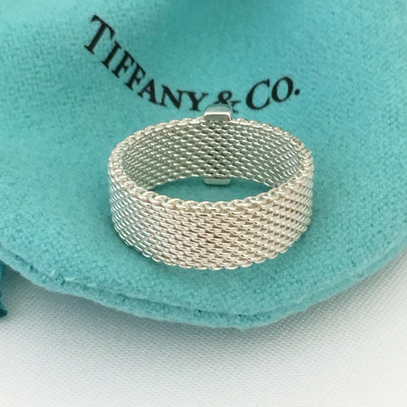 Size 7.5 Tiffany Somerset 4 Diamond Mesh Weave Band Ring in Sterling Silver