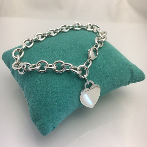 8.75" Large Tiffany & Co Sterling Silver Blank Heart Tag Charm Bracelet Blue Box