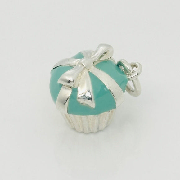 Tiffany Blue Icing Cupcake Charm or Pendant in Blue Enamel and Sterling Silver
