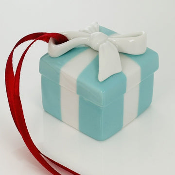 Tiffany Blue Gift Box and Bow Christmas Holiday Ornament Bone China Porcelain