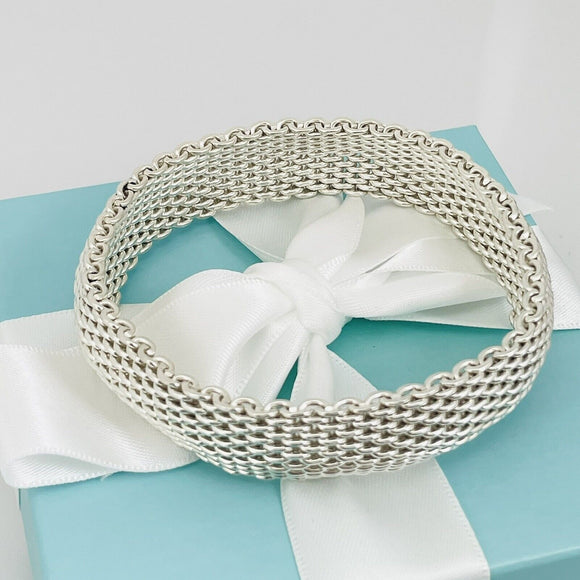7.75" Large Tiffany & Co Somerset Flexible Mesh Weave Bangle Bracelet in Silver