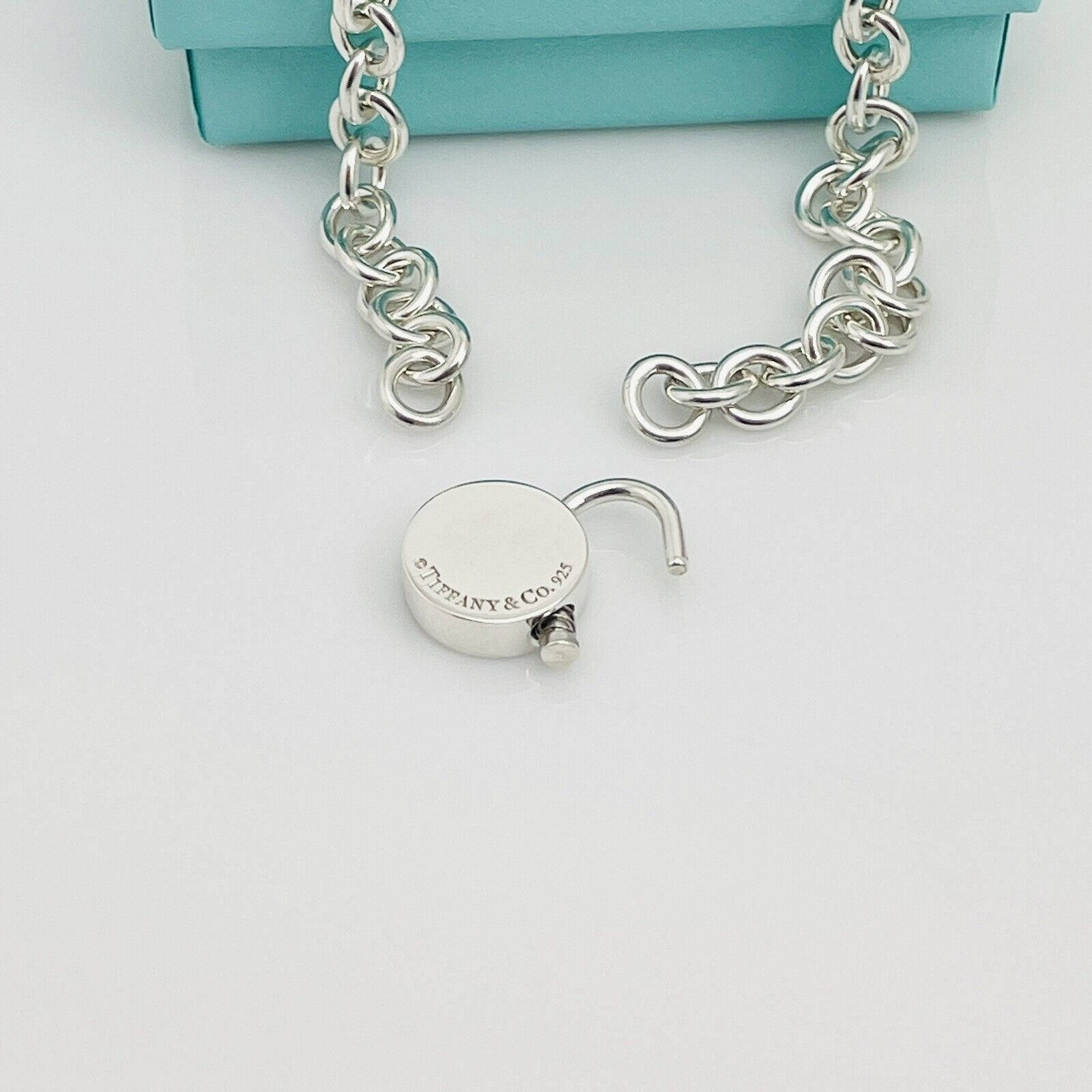 18" Tiffany & Co Round Padlock Lock Pendant Necklace in Silver Engravable