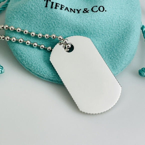 24" Tiffany & Co Mens Coin Edge ID Dog Tag Bead Chain Necklace