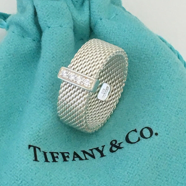 Size 6.5 Tiffany Somerset 4 Diamond Mesh Weave Band Ring in Sterling Silver - 6