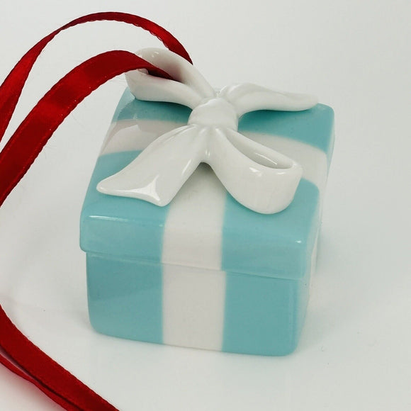 Tiffany Blue Gift Box and Bow Christmas Holiday Ornament Bone China Porcelain